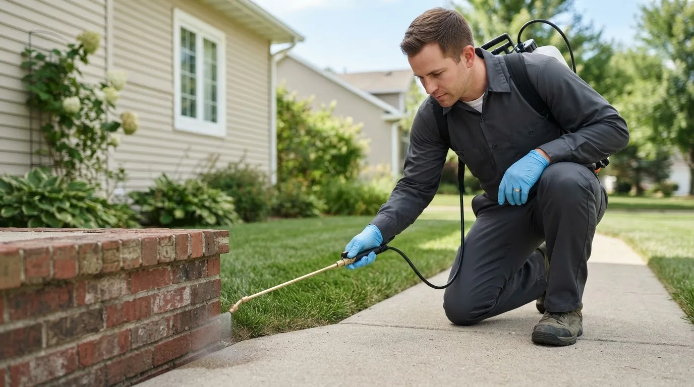 Pest control technician treating a home near Dakota City, IA