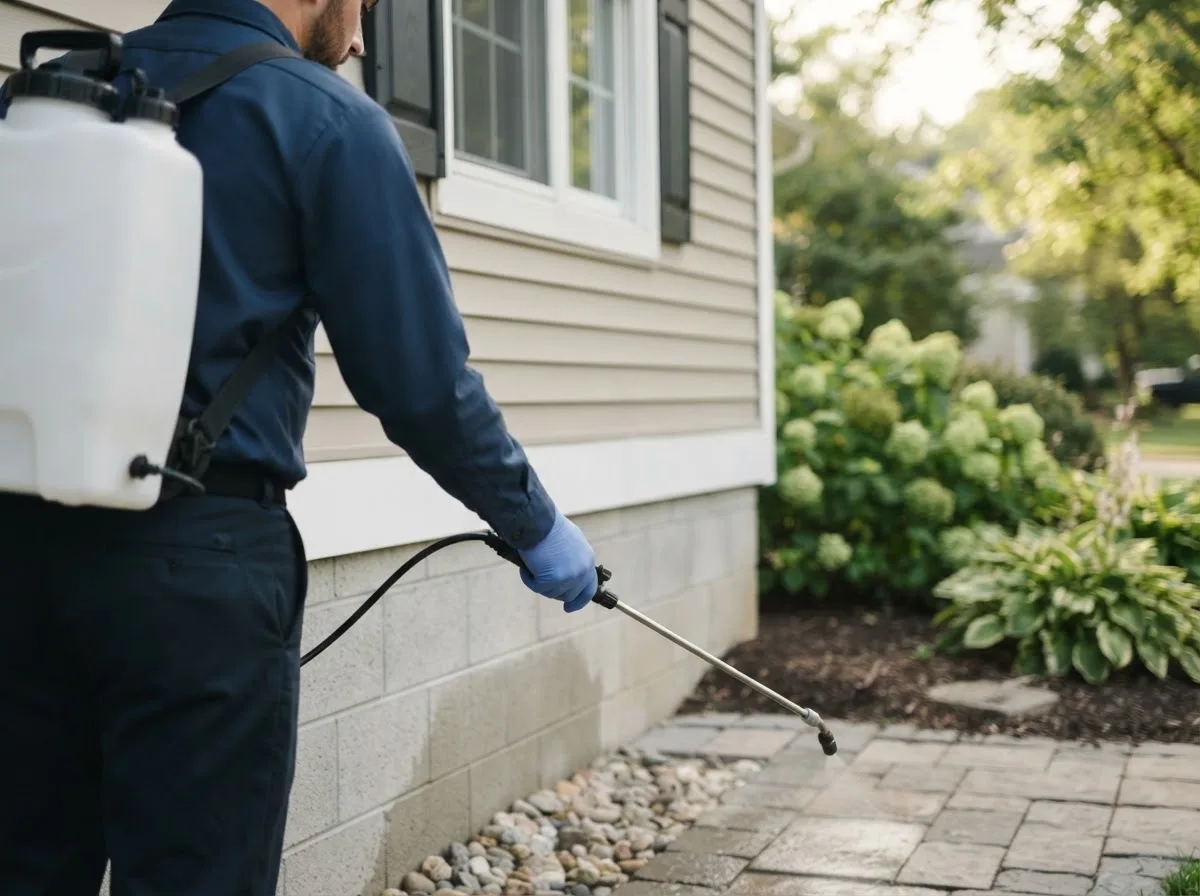 Pest control technician inspecting a home in Dakota City, IA